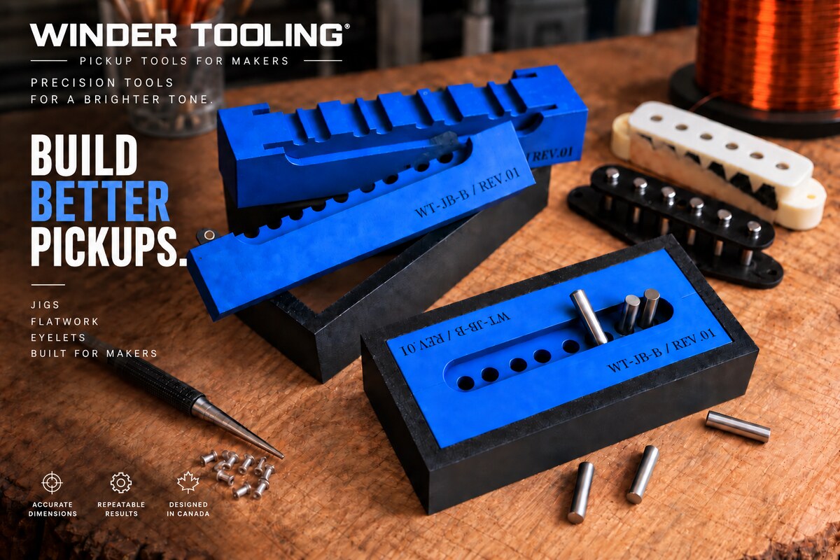 Winder Tooling pickup jigs on a workshop bench